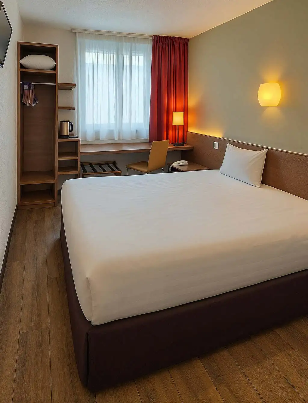 Chambre d'hôtel moderne avec lit double.